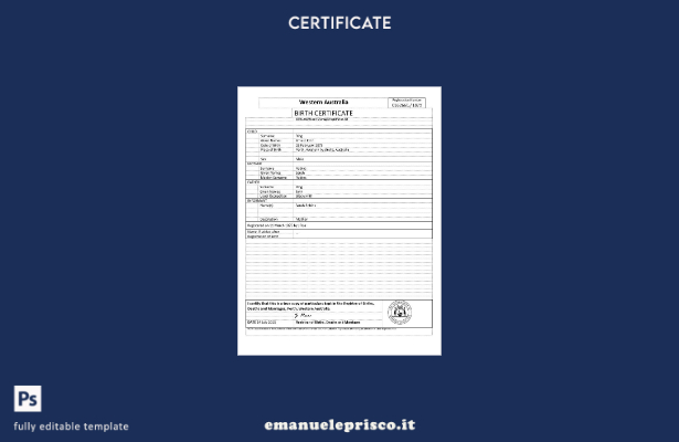 modello di certificato di nascita dell'Australia occidentale in stile verifica 1